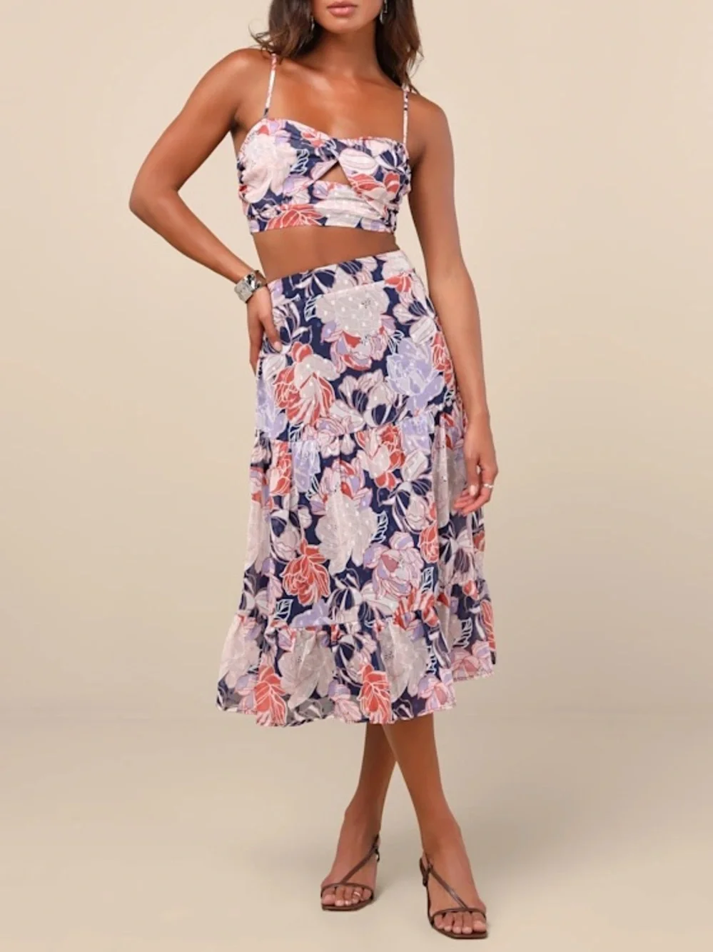 NWT Lulus Floating Through Flowers Multi Floral Two-Piece Midi Dress - Picture 1 of 4